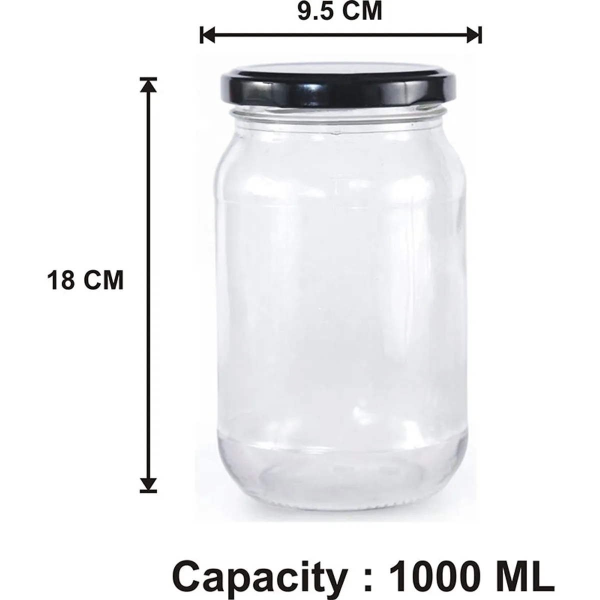 Transparent glass jar with black lid shown with 18 cm height and 1000 mL capacity