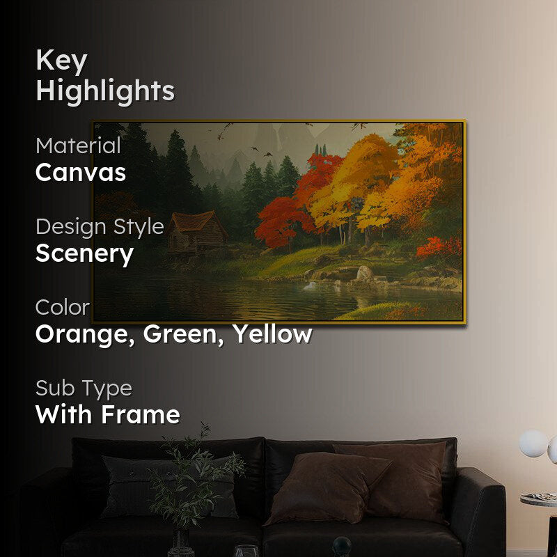 Autumn Cottage Lake Canvas Wall Painting With Gold Frame media 2