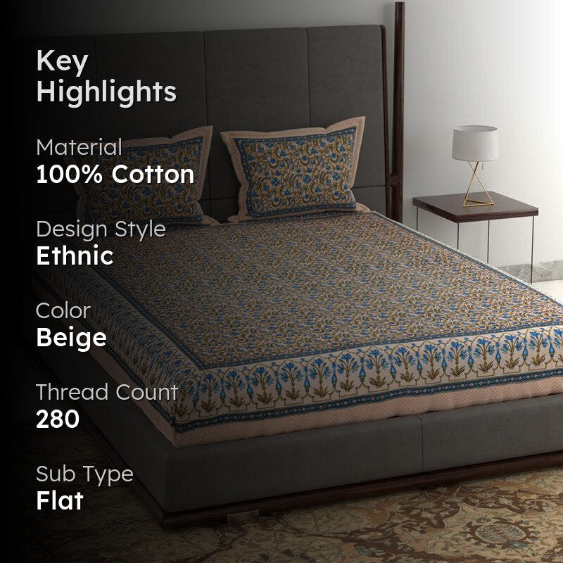 Tridha Printed Cotton Bedsheet (Beige) - 280 TC media 2