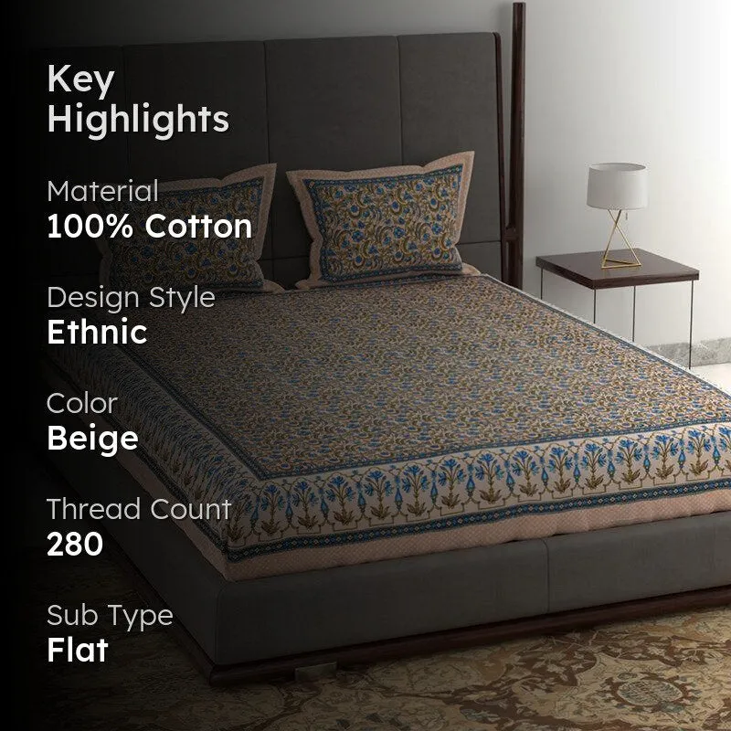 Tridha Printed Cotton Bedsheet (Beige) - 280 TC media 2