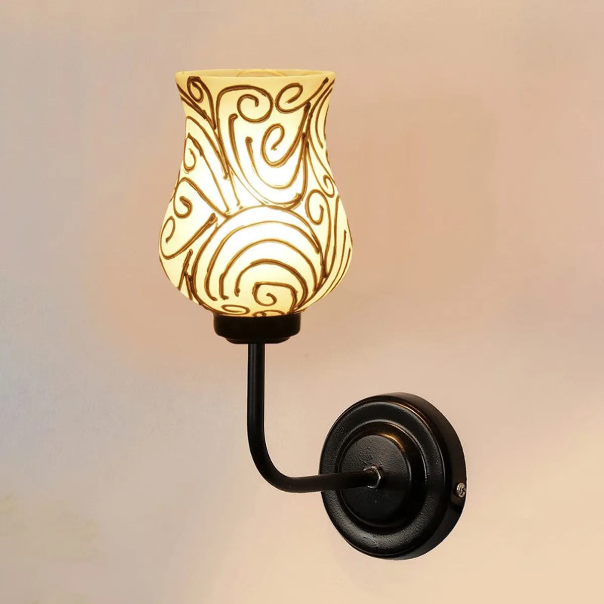 Lit single wall lamp with curved black metal arm