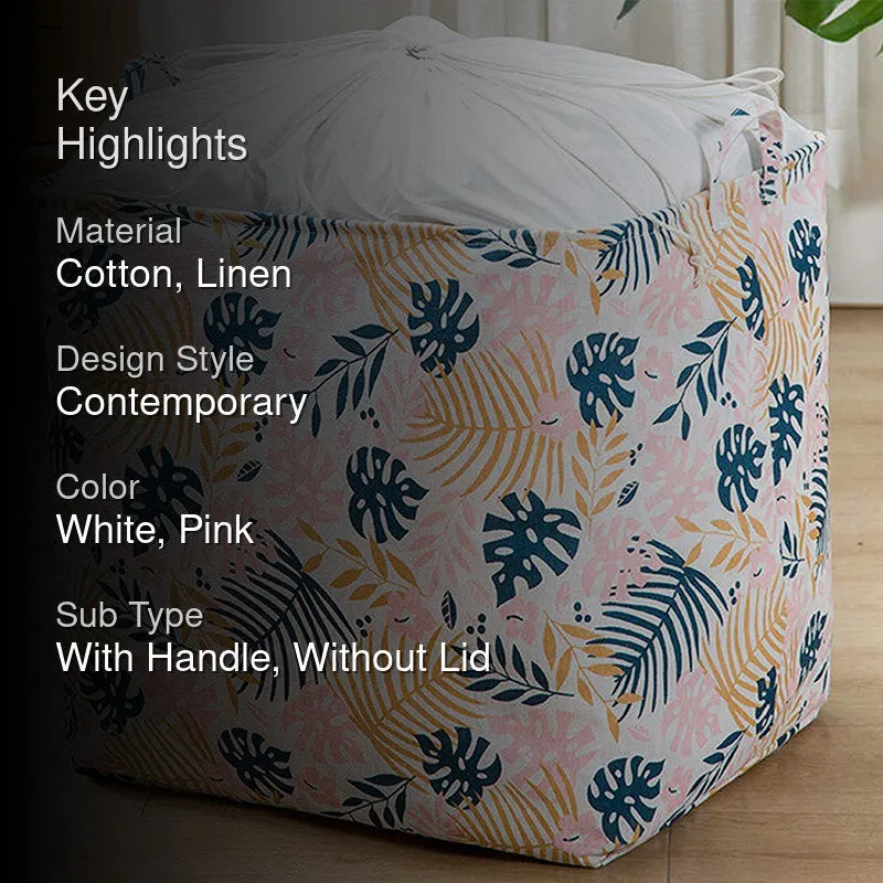 Pink leafy-print laundry basket with material and style details overlaid