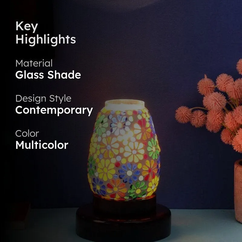 Lit floral mosaic glass table lamp with multicolour pattern