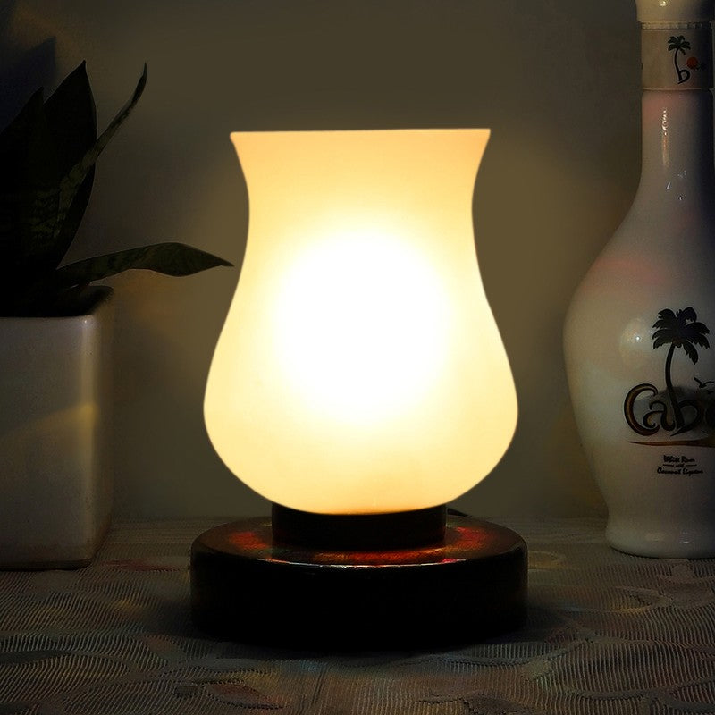Glassiva Glass Table Lamp With Wooden Base - White