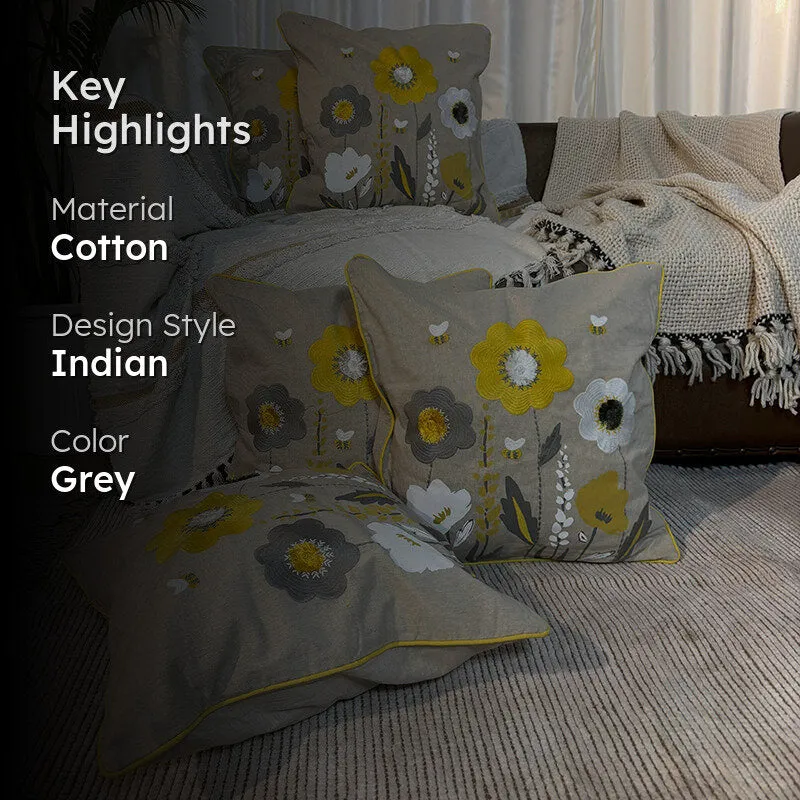 Ochre Flowers Tufted Cushion Cover (Yellow & Grey) - Set Of Five media 2