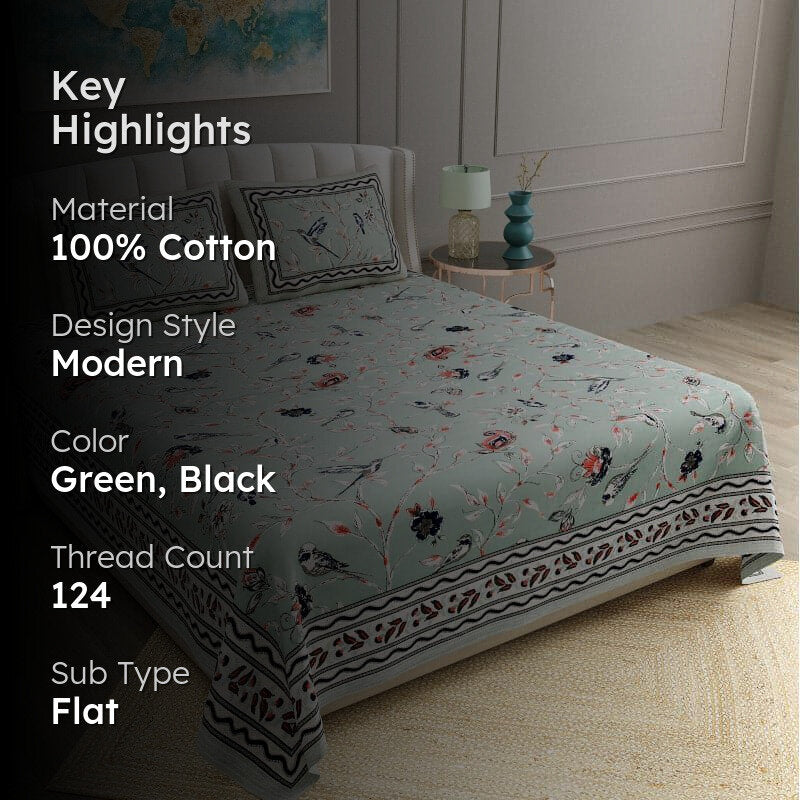 Birdie Orchard Floral Cotton Bedsheet (Green) - 124 TC media 2