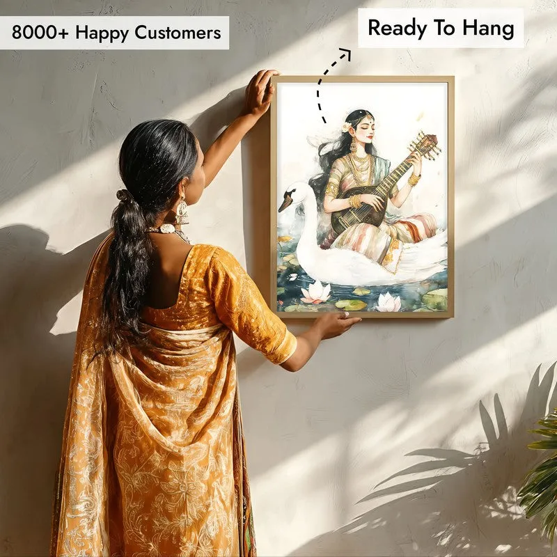 Hamsavahini Saraswati Spiritual Archival Paper Wall Painting - Natural Brown Frame media 7
