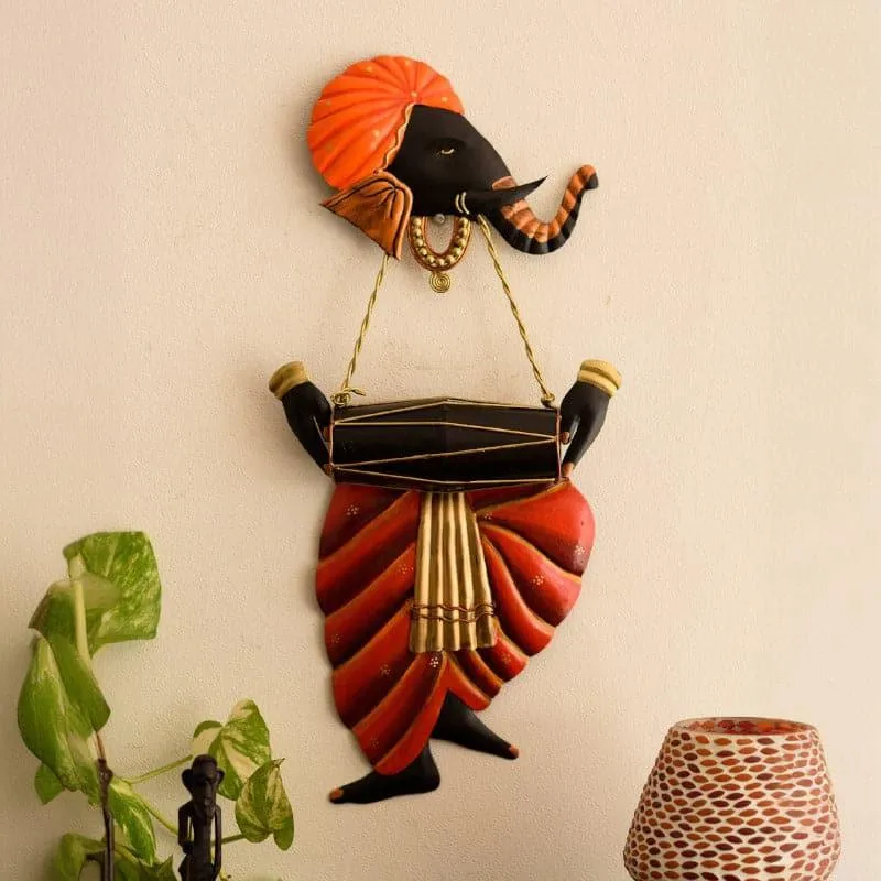 Ganesha With Dholak Wrought Iron Wall Accent media 1