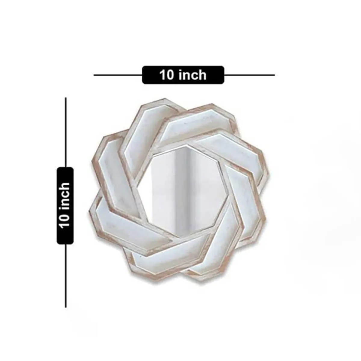 Single white decorative mirror with dimension markers on a plain background
