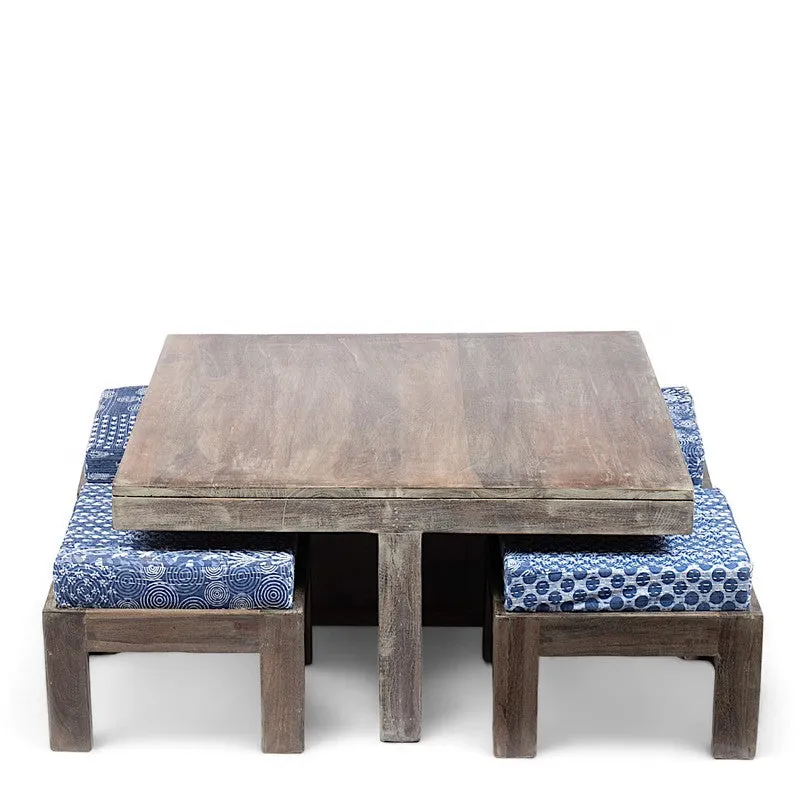 Exiron Sheesham Wooden Center Table with Stools and Cushions (Grey,Blue) - Nine Piece Set media 3