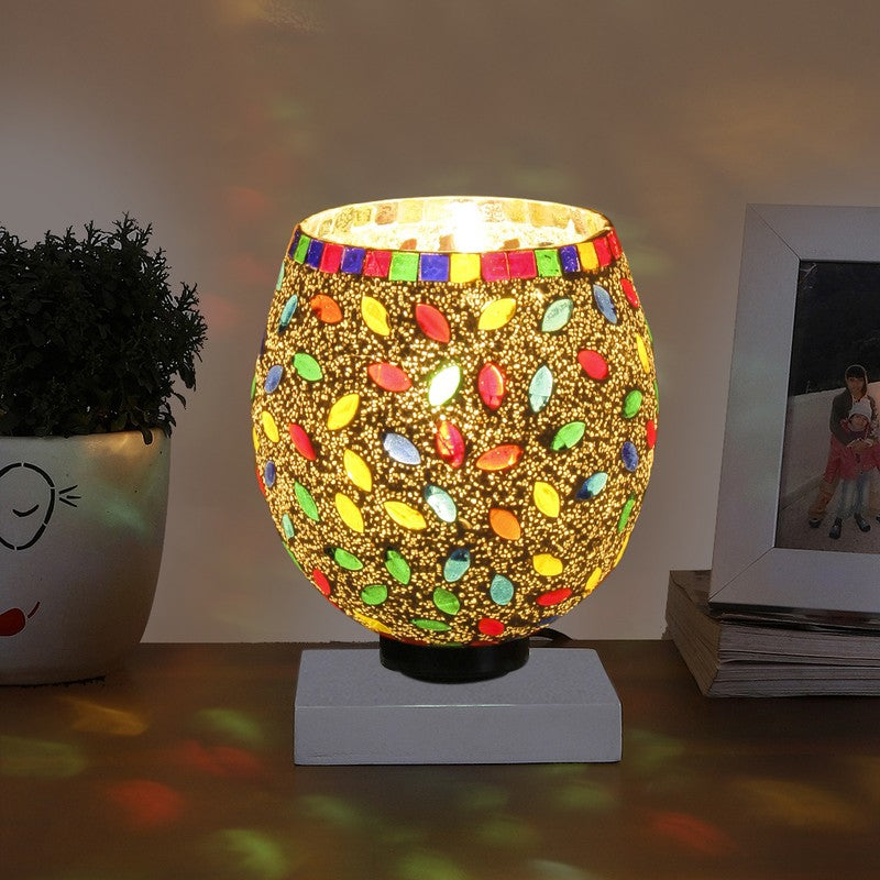 Glimara Mosaic Glass Table Lamp With Wooden Base - Multicolor