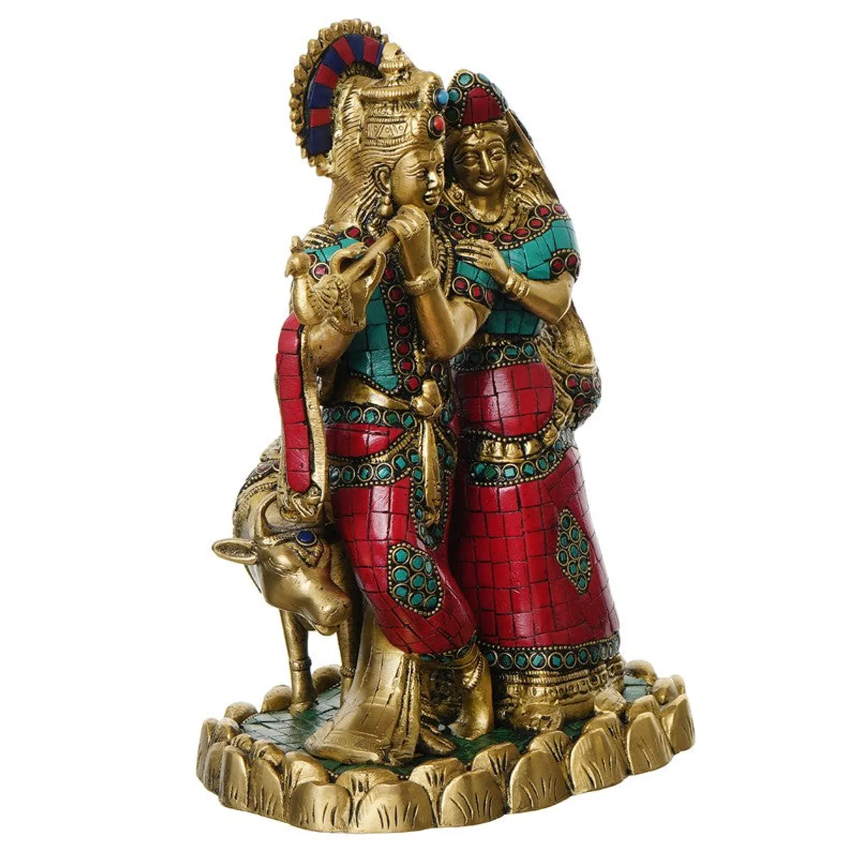 Angled view of Krishna and Radha brass idol on a decorative base