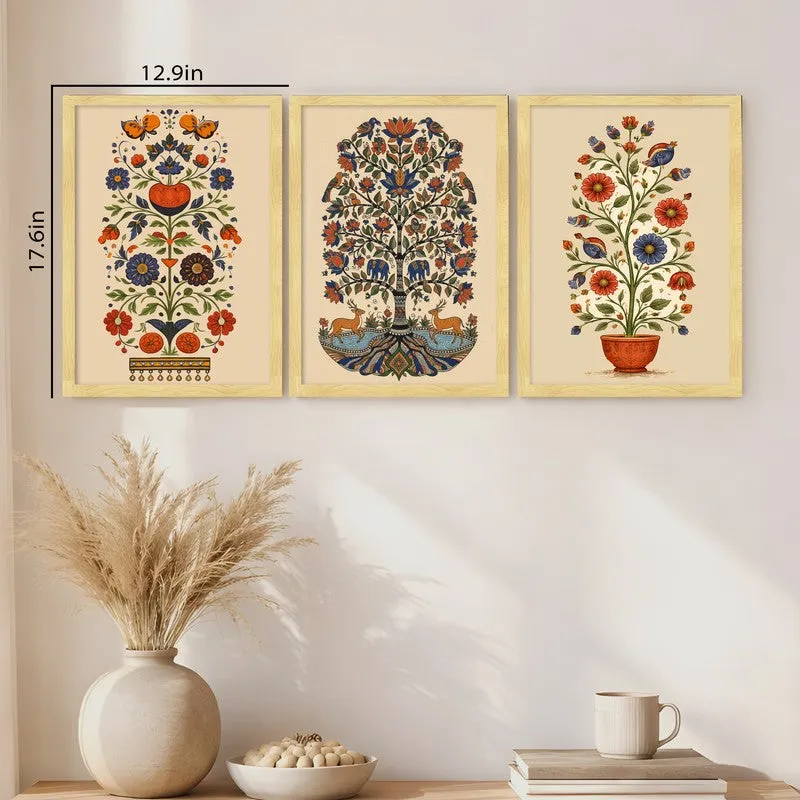 Indian Folk Floral Paper Wall Painting With Frame - Set Of Three media 11