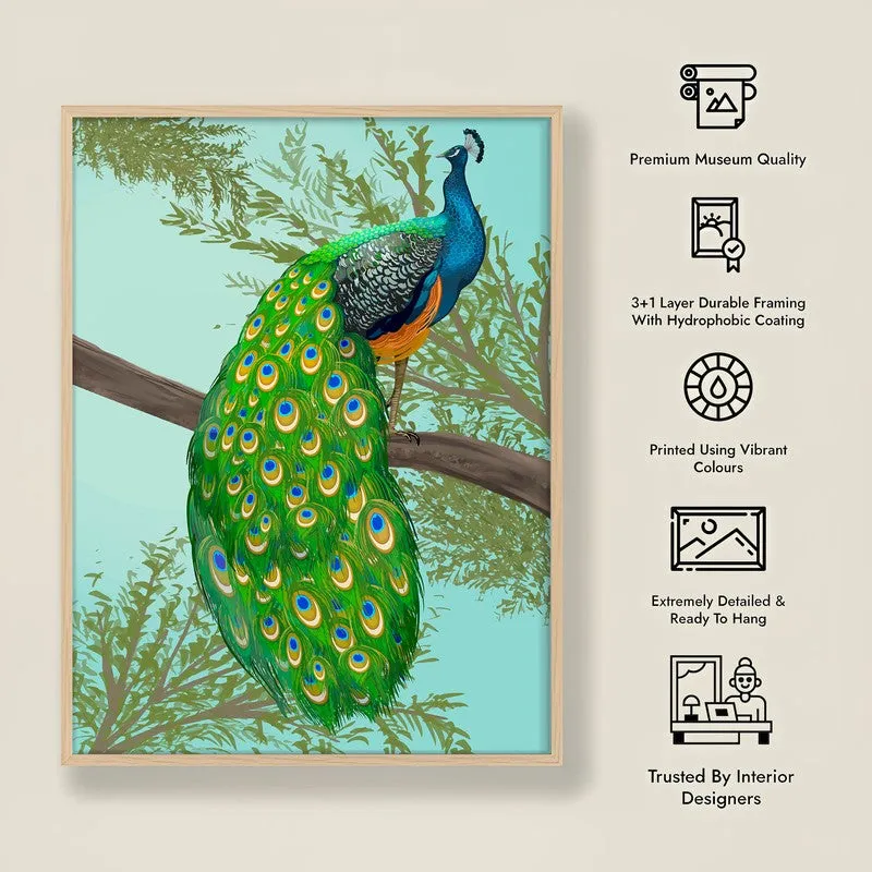 Peacock In Color Archival Paper Wall Art - Natural Brown Frame media 9