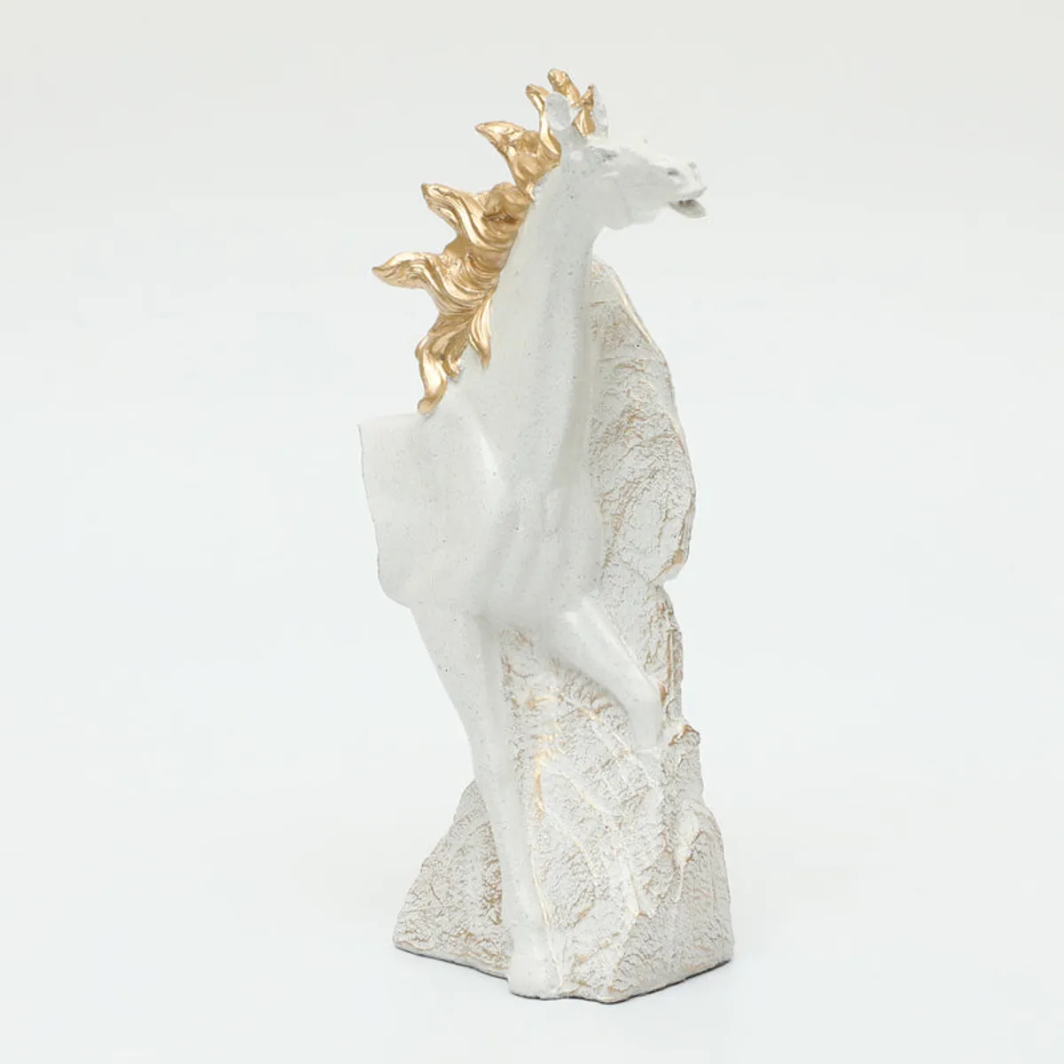 Front view of a white horse showpiece with gold mane on a white background