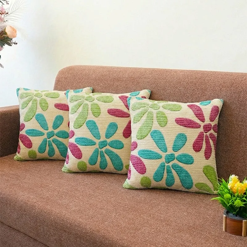 FloralGrace Cushion Cover (Teal, Maroon) - Set Of Three media 1