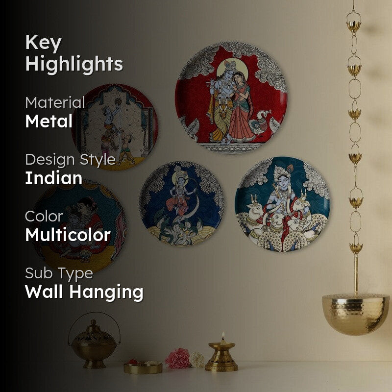 Radha Krishna Metal Wall Plates - Set Of Five media 2