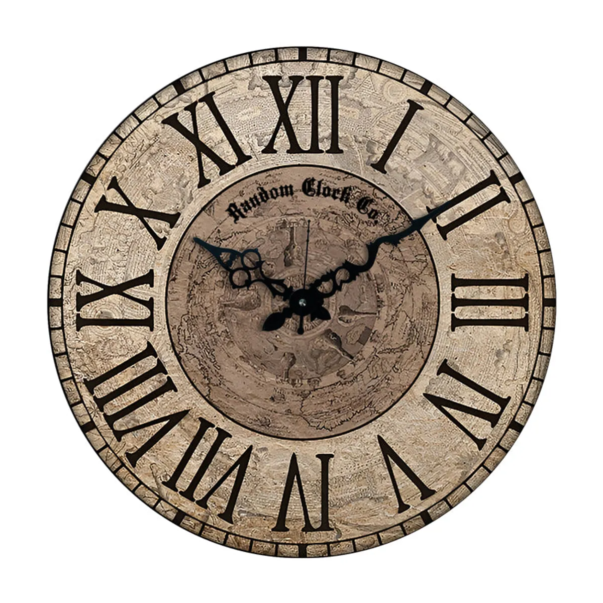 Front view of a round brown clock with black Roman numerals and ornate hands