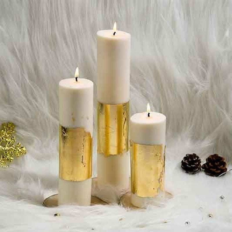 Set of 3 White Gold Pillar Candles - Cinnamon Roll Scented image 3