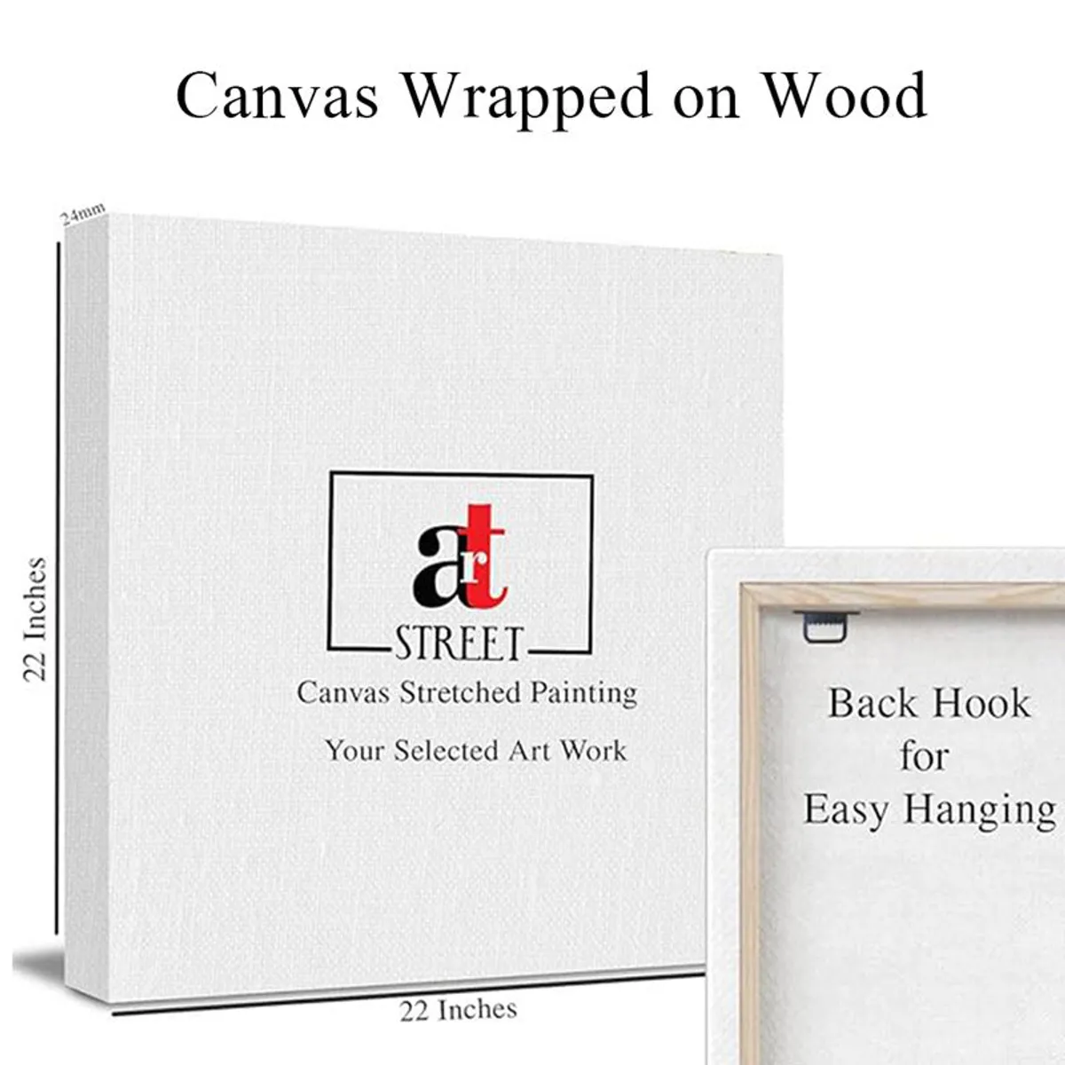 Side and back view of a wrapped canvas with visible wooden frame.