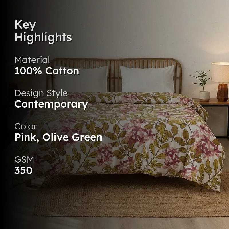 Bedroom scene showing the comforter with cotton, colour and GSM highlights