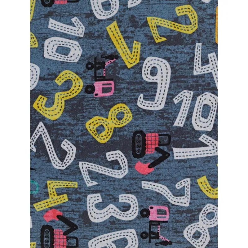 Close-up of grey carpet with white, yellow and pink number-and-crane pattern