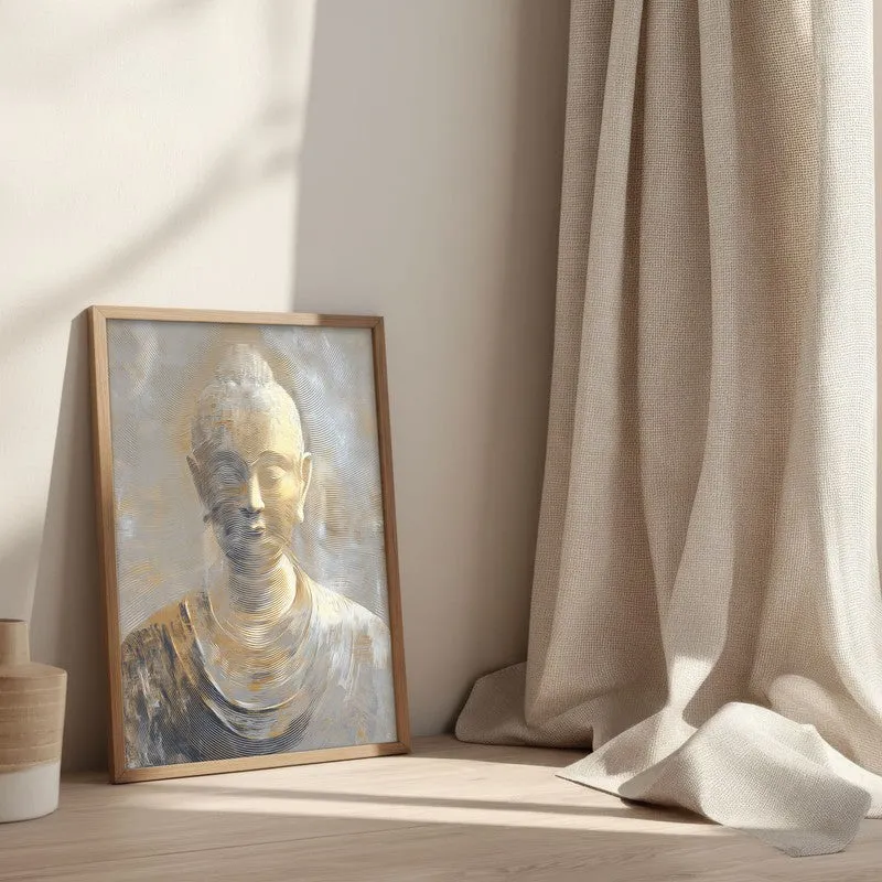 Serene Buddha In Golden Calm Wall Painting With Brown Frame media 3