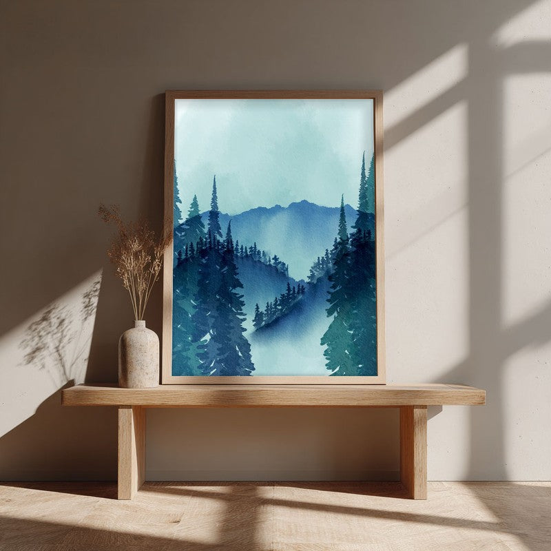 Foggy Forest Archival Paper Wall Art - Natural Brown Frame