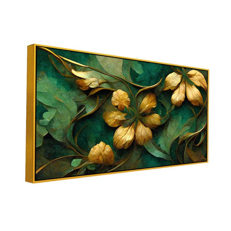 Verdure Golden Petals Floral Canvas Wall Painting With Frame - Gold media 4