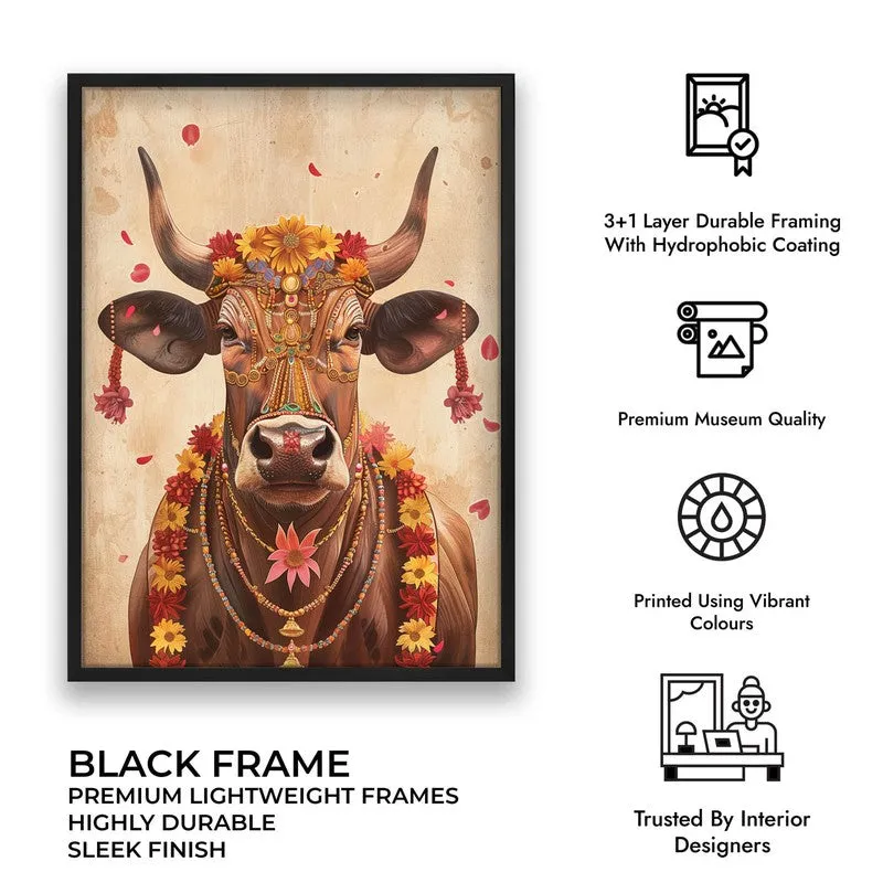 Divine Cow Traditional Canvas Wall Painting With Black Frame media 10