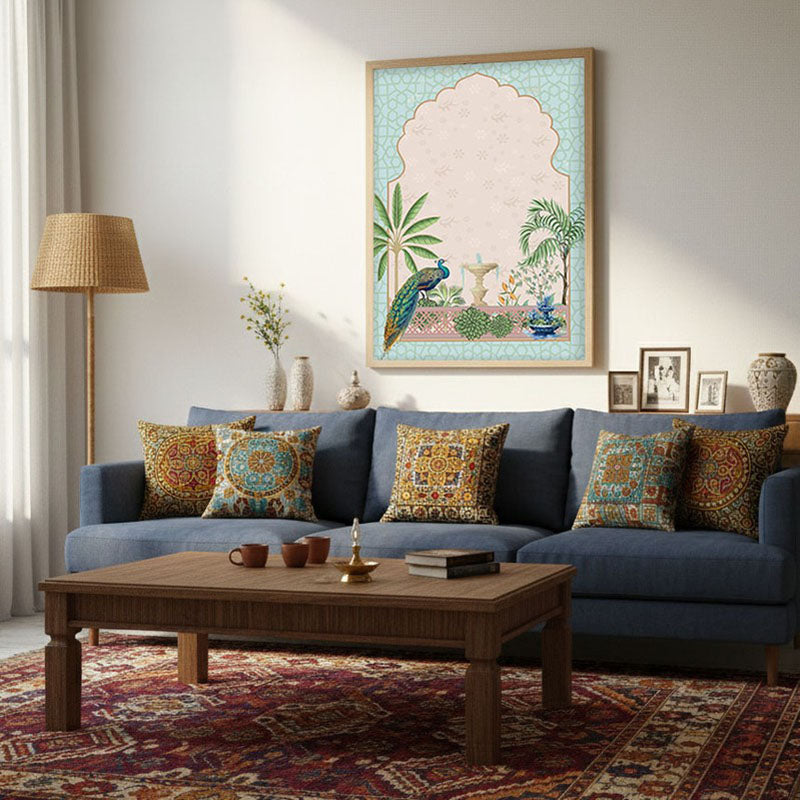 Gul-E-Peacock Framed Mughal Canvas Archival Canvas Wall Painting - Natural Brown Frame media 3