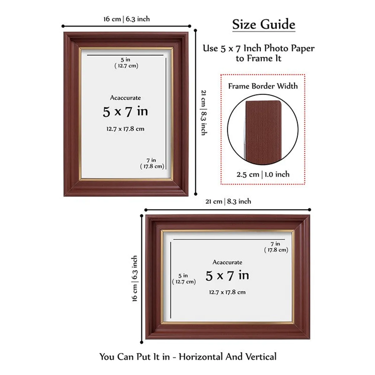 Brown photo frame shown with size illustrations for a 5 x 7 inch photo.