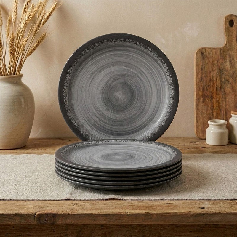 Circular Black Melamine Dinner Plates - Set of Six