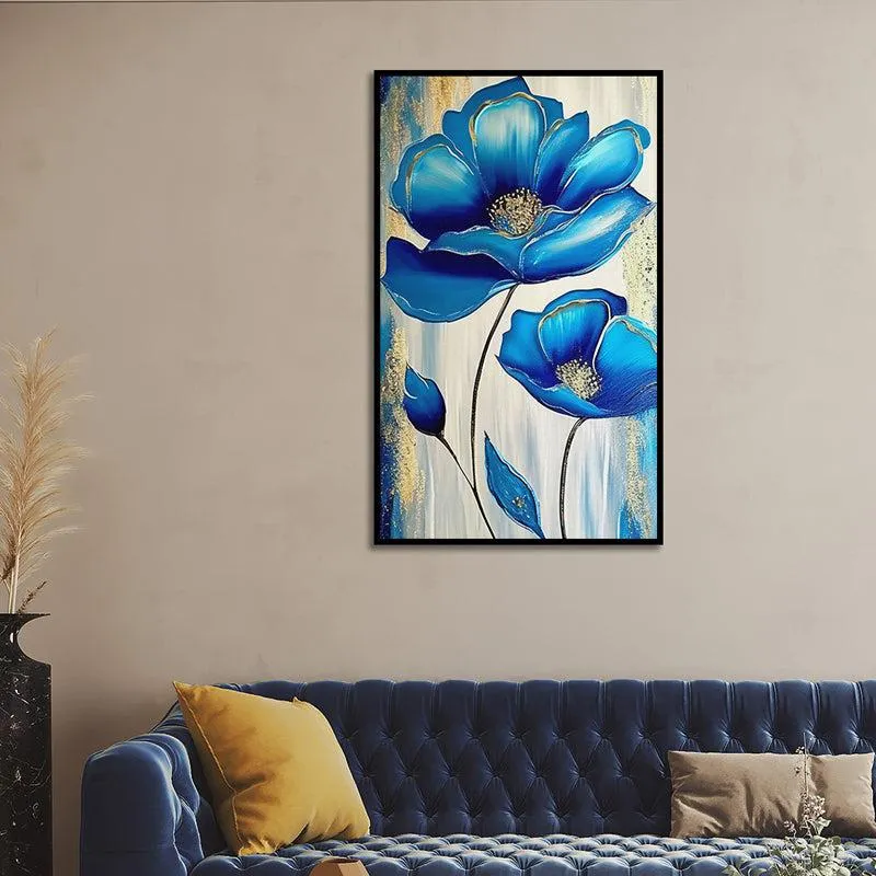 Gilded Bloom In Blue Floral Canvas Wall Painting With Frame - Black media 1