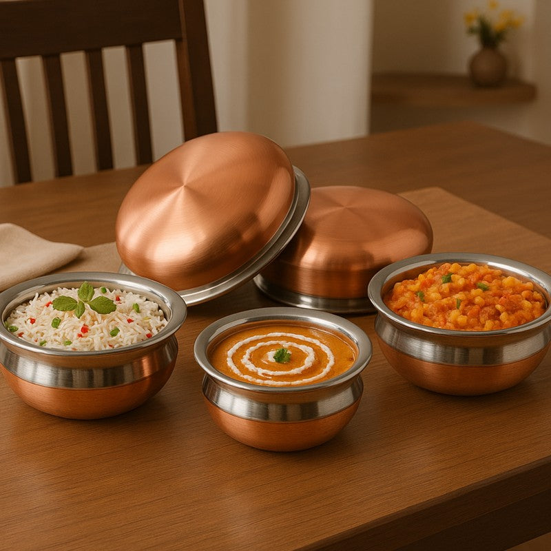 Elegant Steel Serving Bowls with Copper Bottom - Set of Five