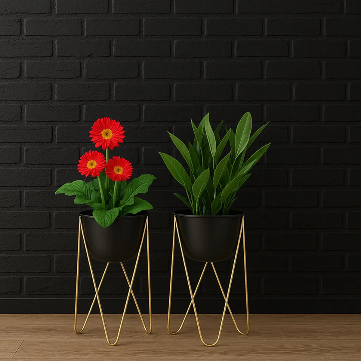 Pair of black planters with gold stands styled against a black brick wall