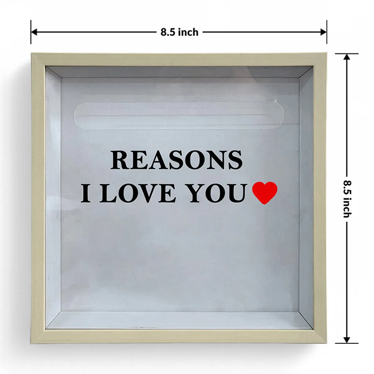 Front view of empty beige shadow box frame on a white background