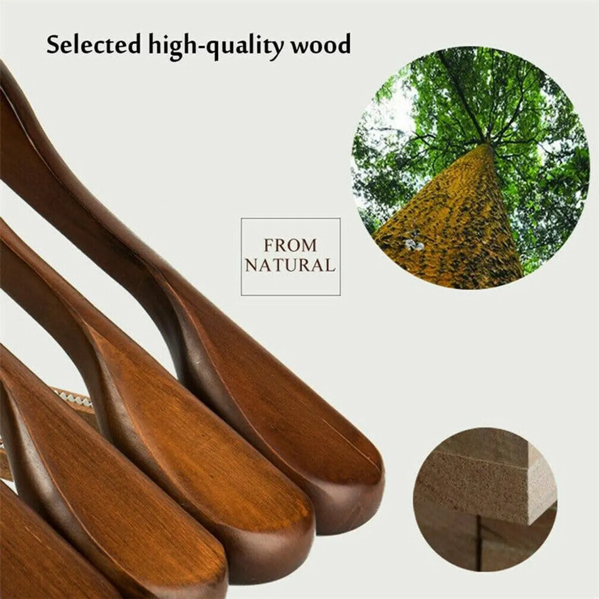 Close-up of brown wooden hanger ends with smooth wood grain