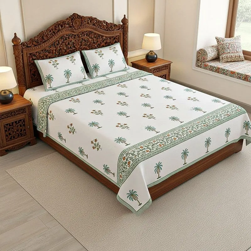 Haveli Cotton Bedsheet (White, Green) - 180 TC media 1