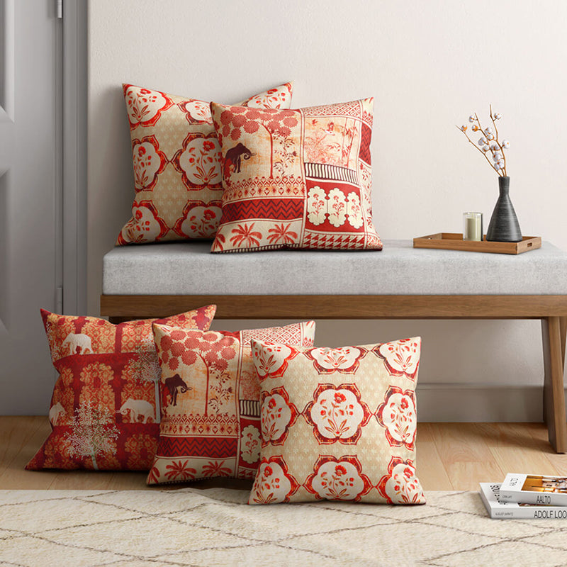 India Circus Ancient Gajaraja Printed Velvet Cushion Cover - Set Of Five media 3