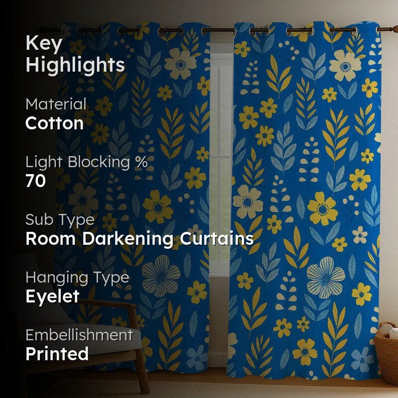 PetalPop Cotton Curtains (blue,yellow) - Set Of Two media 2
