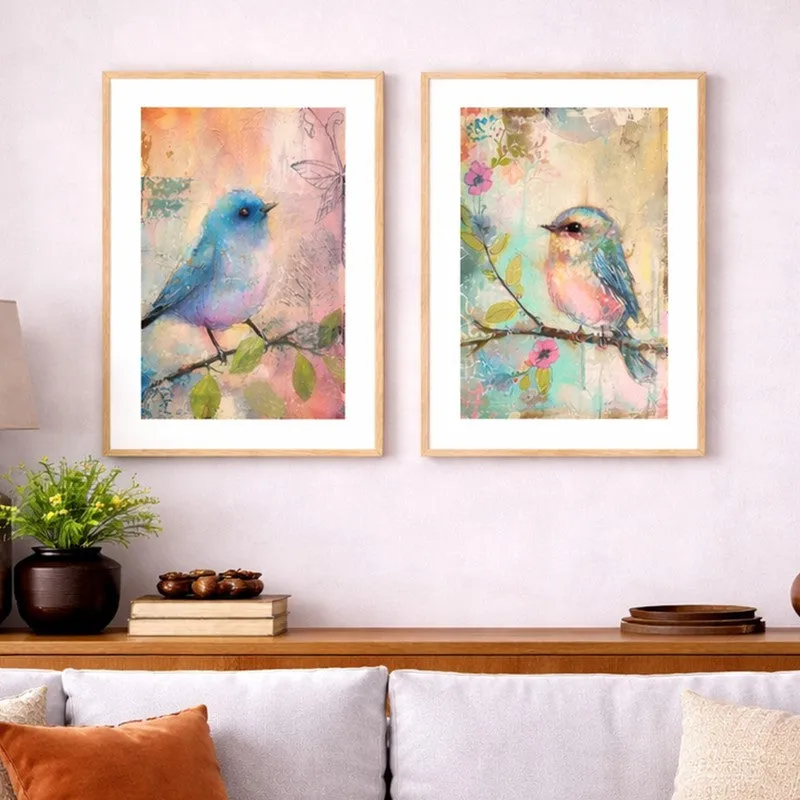 Blue Bird Charm Wall Art With Frame - Set Of Two media 1