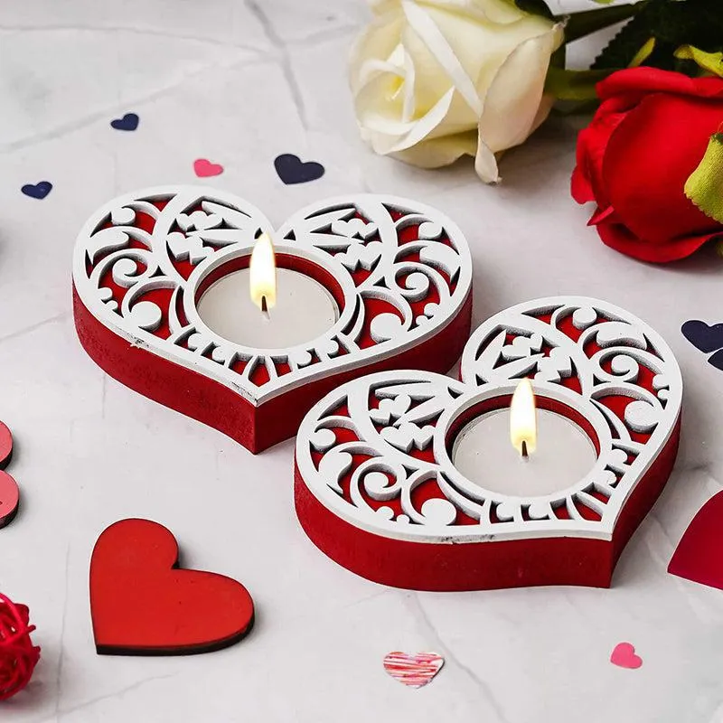 Intricate Heart Wood Tea Light Holder (Red) - Set Of Ten media 3