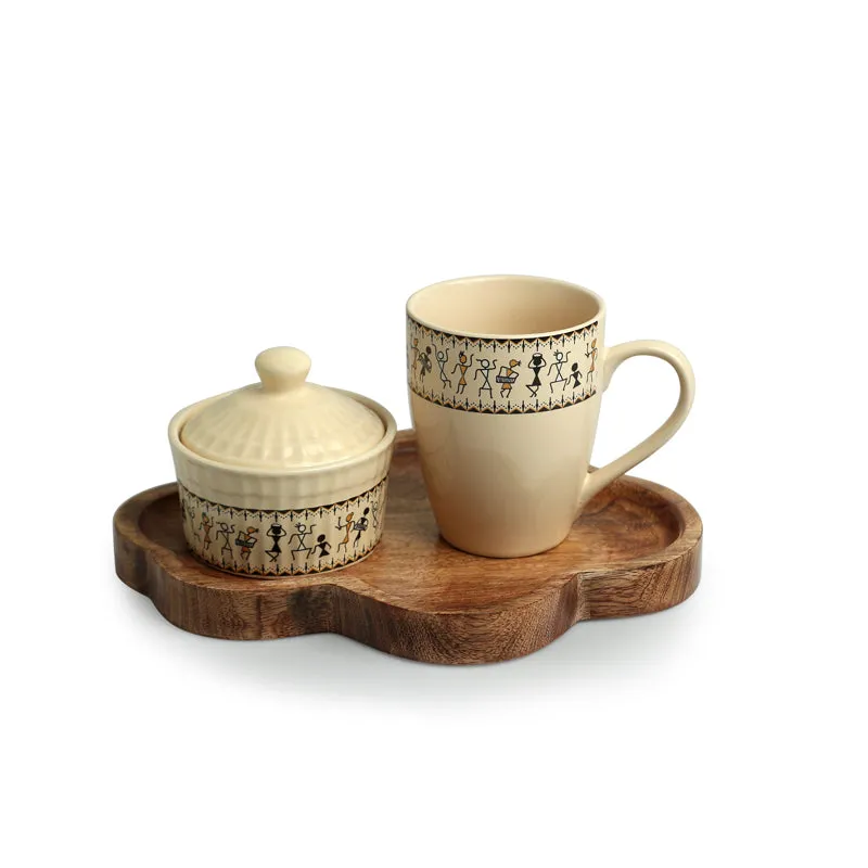 Warli Whirls Handpainted Ceramic High Tea Set (300 ML & 160 ML) - Three Piece Set media 3