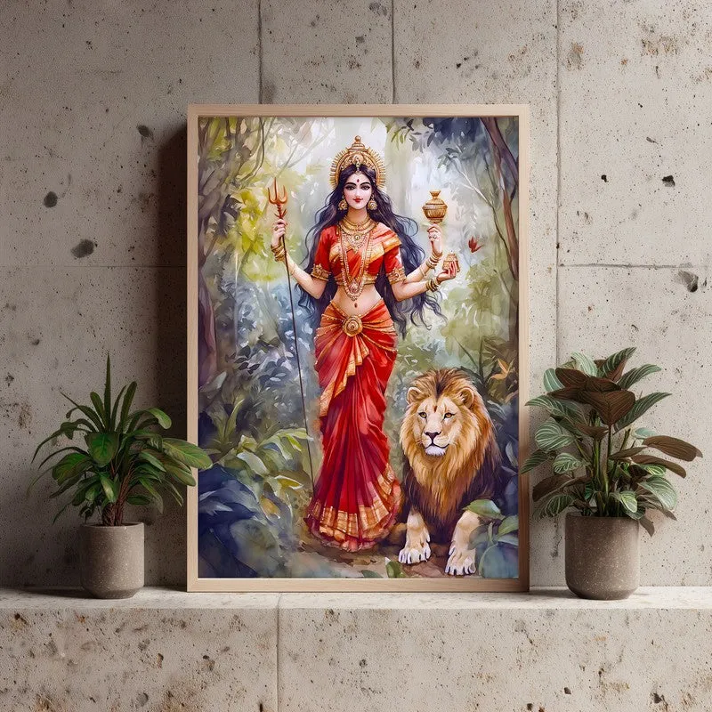 Jagat Janani Spiritual Archival Paper Wall Painting - Natural Brown Frame media 3