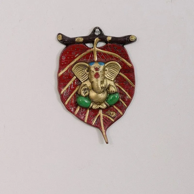 Balganesha Resting on Leaf Religious Metal Wall Accent - Red & Gold media 1