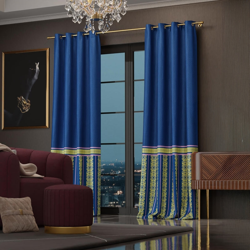 Blue Monarch Satin Curtain with Lining - Set of Two