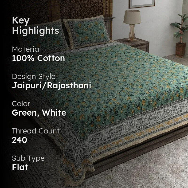 Florava Cotton Bedsheet (Green,White) - 240 TC media 2