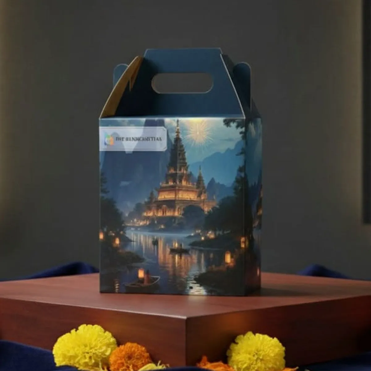 Decorative illustrated gift box shown on a table with marigold flowers