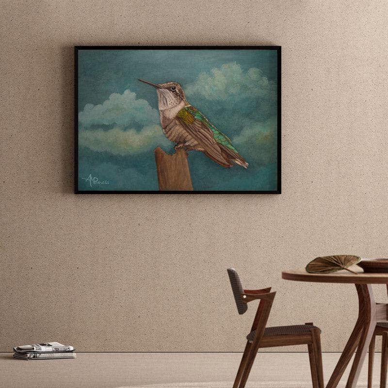 Moonlit Hummingbird Canvas Wall Painting - Black Frame
